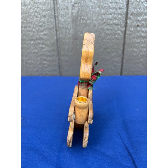 Vintage Wooden Teddy Bear Candle Holder With Plaid Bow Decoration - Picture 4 of 6